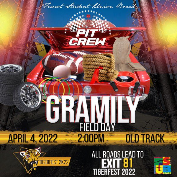 NotUrAvgDiva's tweet photo. Pit Stop #1, We Outsideeee #GramFam join us on the old track for a Powder Puff Game, Kickball, Egg Toss, and more ‼️ April 4, 2022 at 2:00pm #Tigerfest2022 #FSUB #IDREQUIRED #Studentsonly https://t.co/e2DCMLdnqR