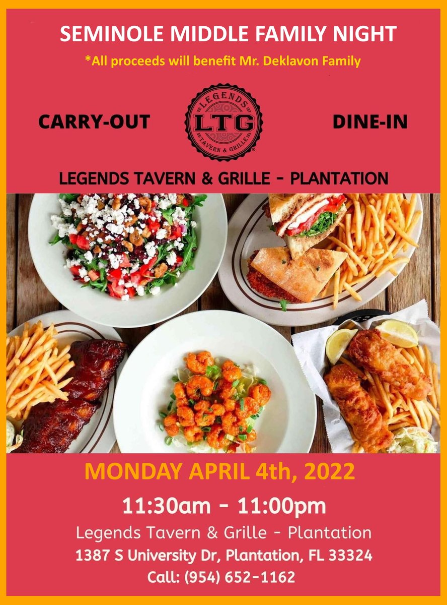 SeminoleMidPTA's tweet photo. Hello Panthers!🐾
Join us tomorrow at Legends Tavern &amp; Grille in Plantation, from 11:30 am to 11 pm, at a fundraiser benefiting Mr. Deklavon's family. 
Help us show them we care. ❤
Thank you as always for your generosity. 
#pantherlove
#letsgopanthers https://t.co/YYJPCHCMmu