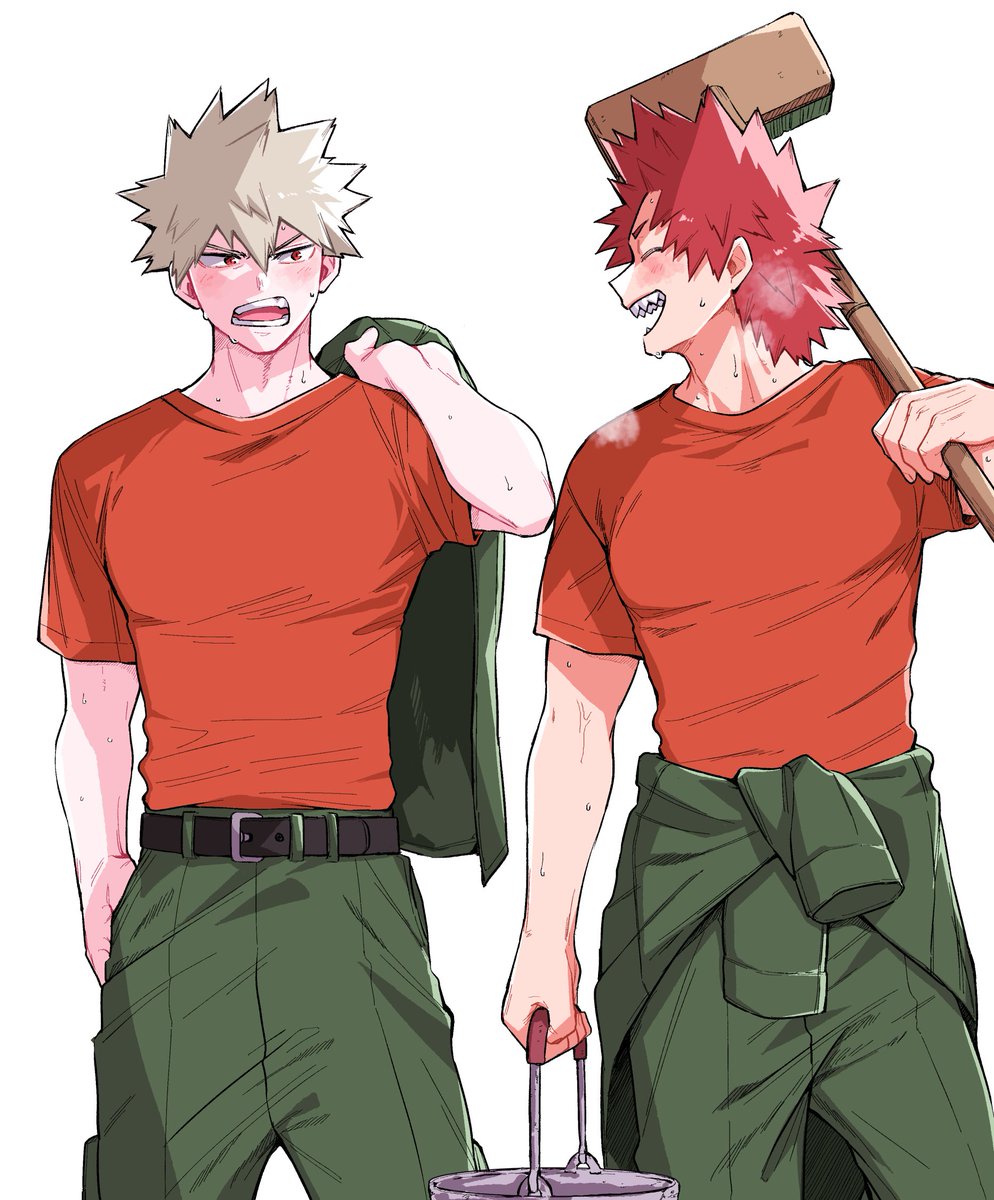 bakugou katsuki spiked hair 2boys multiple boys shirt male focus red shirt green pants  illustration images