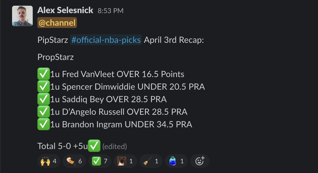 PropStarz's tweet photo. Another Sunday #NBA Sweep over in the @PipStarz Slack .. 🧹🧹🧹

#NBAProps #PlayerProps https://t.co/Ia4N0woty5