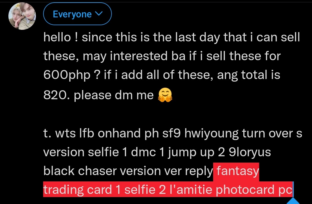 juneyacart's tweet photo. please read the photo below. dm me if u're interested but u can still buy 2 or more pcs until today !

t. wts lfb onhand ph sf9 hwiyoung turn over s version selfie 1 dmc 1 jump up 2 9loryus black chaser version ver reply fantasy trading card 1 selfie 2 l'amitie photocard pc https://t.co/eBf5fkkqgj