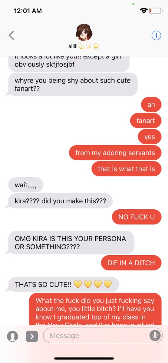NijitoTheGame's tweet photo. kira TOOK MY PHONE and DELETED this chat so i had ami get it from KIRAS phone in the cloud ☁️ (or whatever fancy schmancy techy stuff it is that she did) -ai💫

#indiedev #indiegamedev #gamedev #texts #smau #NIJITO https://t.co/fpfq2zQZgI