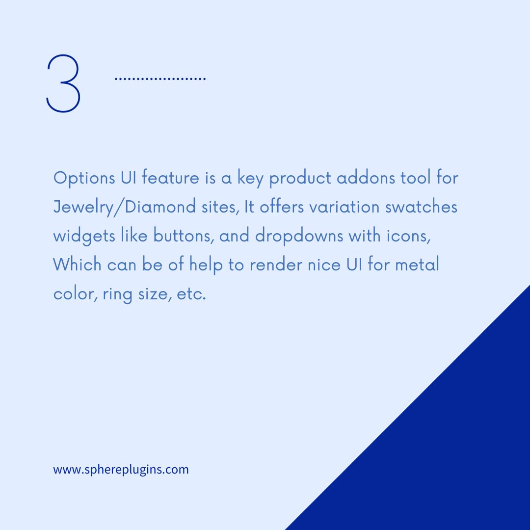SpherePlugins's tweet image. Options UI feature is a key product addons tool for Jewelry/Diamond sites, It offers variation swatches widgets like buttons, and dropdowns with icons, Which can be of help to render nice UI for metal color, ring size, etc.
 
wordpress.org/plugins/woo-bu…

#woochoiceplugin #jewelry