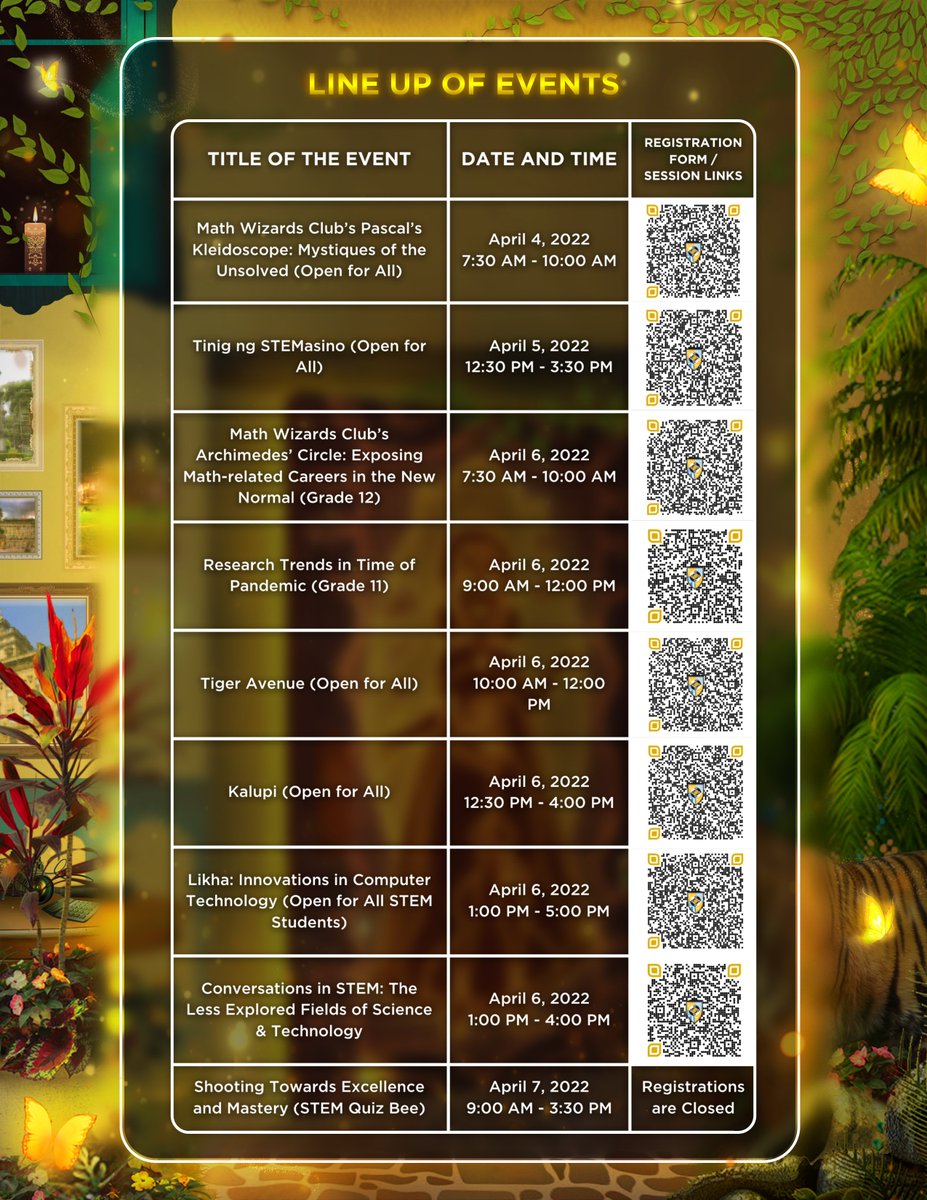 ustshsstemsoc's tweet photo. Calling to all STEMASINOS! 📣 

Don’t miss out the fun and be guided accordingly of the lineup of events for our SHS week! ✨

Register by scanning the QR codes found beside the designated events of your choice. Hop in and enjoy the ride with us!🏁 https://t.co/h5JCc4VEgr