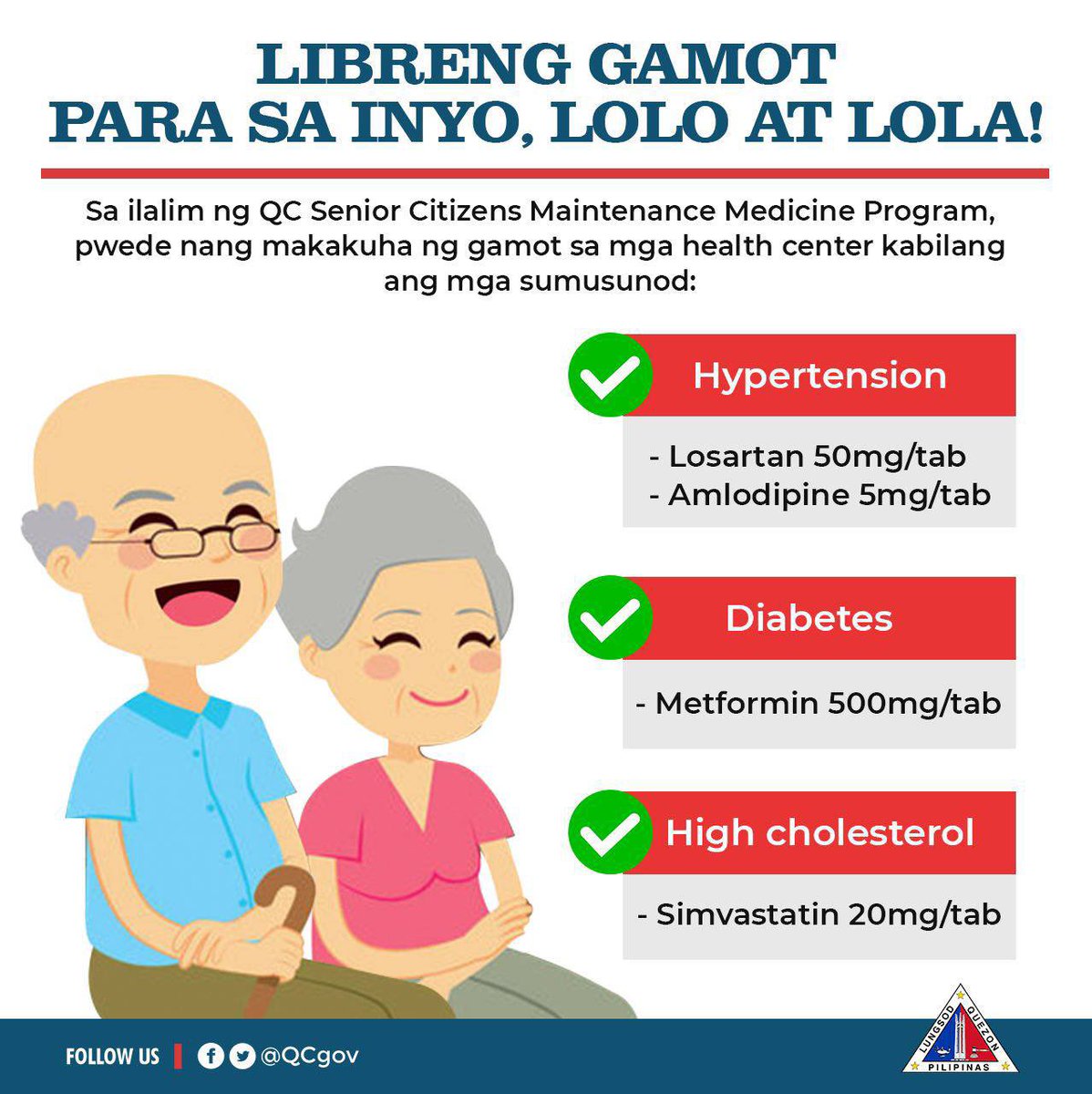 QCGov's tweet photo. QCitizens, libre ang gamot pang-maintenance nina Lolo at Lola simula April 5!

Sa tulong ng Senior Citizens Maintenance Medicine Program ng Quezon City government, makakakuha na ng libreng gamot ang mga nakatatandang mayroong Hypertension, Diabetes, at High Cholesterol. https://t.co/hpUeoXdsAs