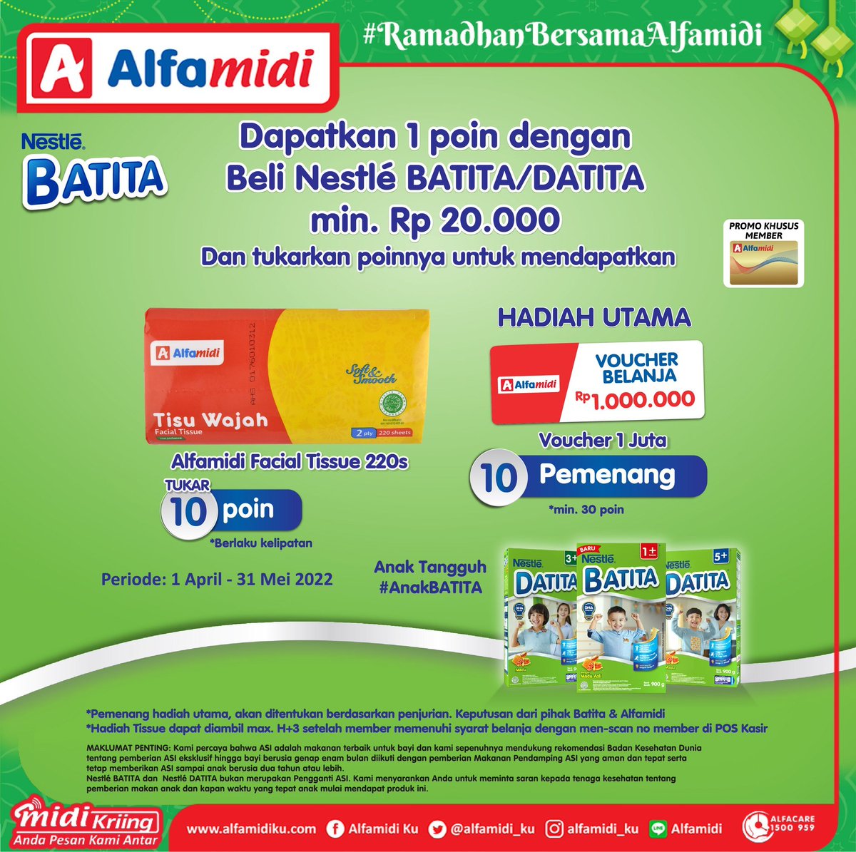 alfamidi_ku's tweet photo. Tanam poin yuk! Dapatkan 1 poin dengan Beli Nestle BATITA/DATITA minimal Rp 20.000 lalu tukarkan poinnya untuk dapatkan voucher belanja Alfamidi atau Alfamidi Facial Tissue.
Anak Tangguh #AnakBATITA
----
#AyokeAlfamidi #AlfamidiHadirMelayani #ProgramMemberAlfamidi https://t.co/O1vRxh0Jiw