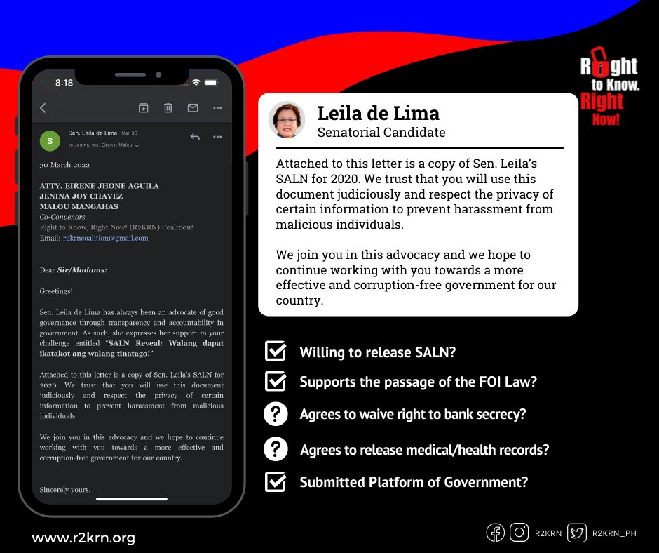 R2KRN_PH's tweet photo. First to respond to our SALN Challenge was Senator Leila de Lima! 

Her office provided R2KRN a copy of the Senator's Sworn Statement of Assets, Liabilities, and Net Worth for 2020.

#SALNChallenge #TransparencyNow https://t.co/t62QWltuZ3