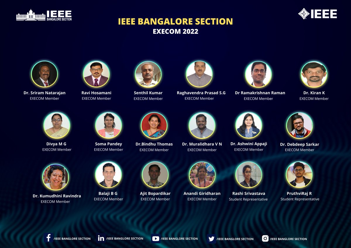 Greetings from the IEEE Bangalore section. Here we welcome the new Execom for the year 2022. With new ideas, new thoughts let's explore more opportunities and bring new dimensions for the amazing team. 

#IEEEBangaloresection #Execom2022