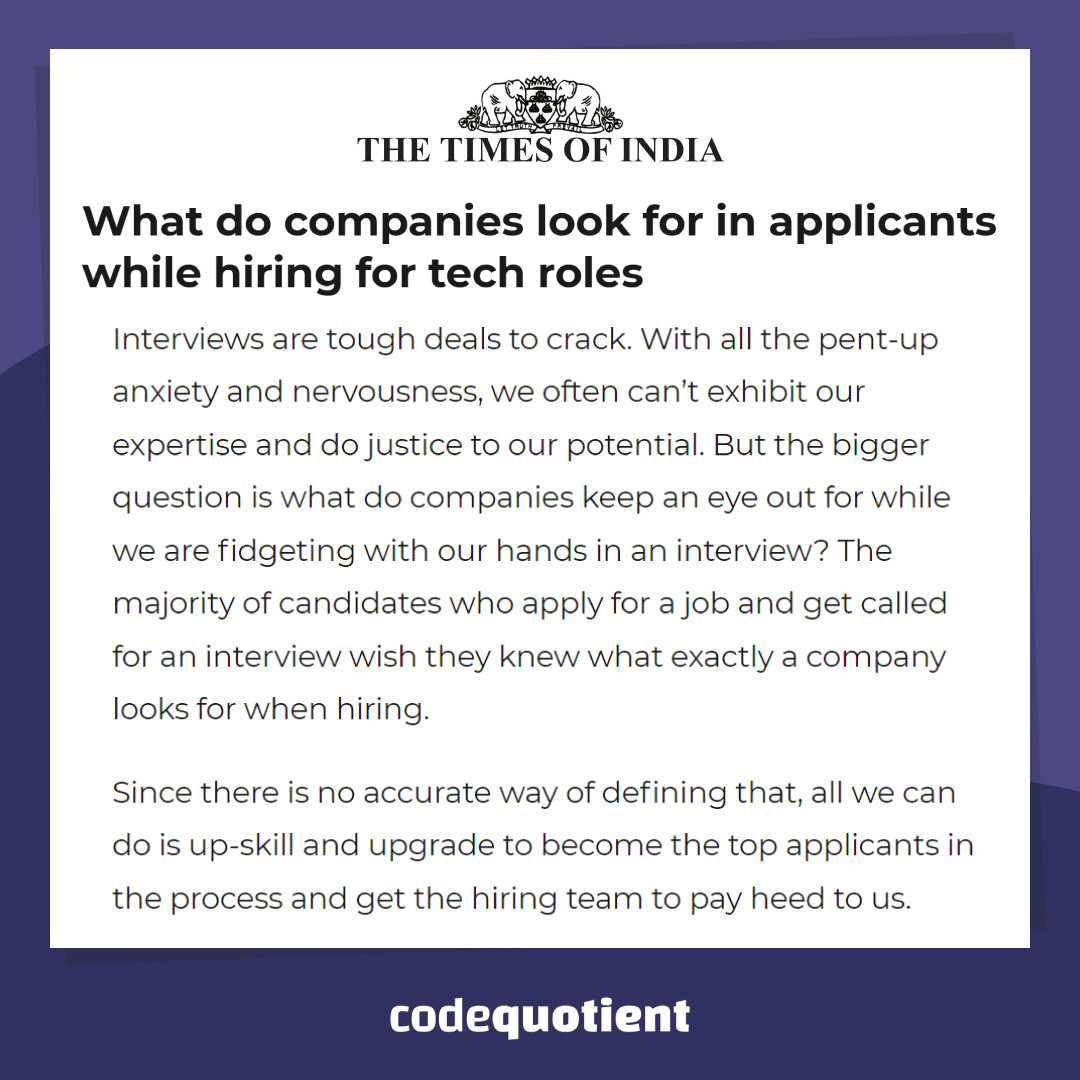 CodeQuotient's tweet image. Wish you knew what a company looks for when hiring?
Check out this article in The Times of India, to find out 7 skills employes look for, featuring our founder and CEO, Arun Goyat.
timesofindia.indiatimes.com/blogs/voices/w…
#CodeQuotient #SuperCoder #SuperCoderProgram #industrytraining #jobready
