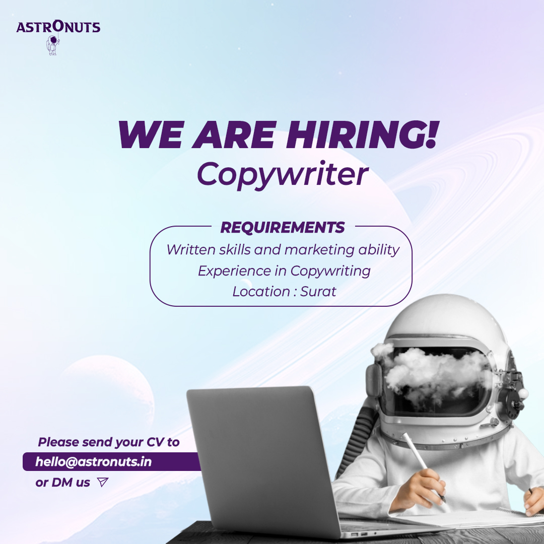 Astronuts_in's tweet photo. Can you create content that is 'out of this world'?
Get on board with Astronuts! And launch your content Astro level!
Send your CVs at hello@astronuts.in

#jobopening #copywriter #hiring #surat #Vesu #marketingagency #digitalmarketing #AstronutsCreativeLab https://t.co/kyNiDuSjpQ