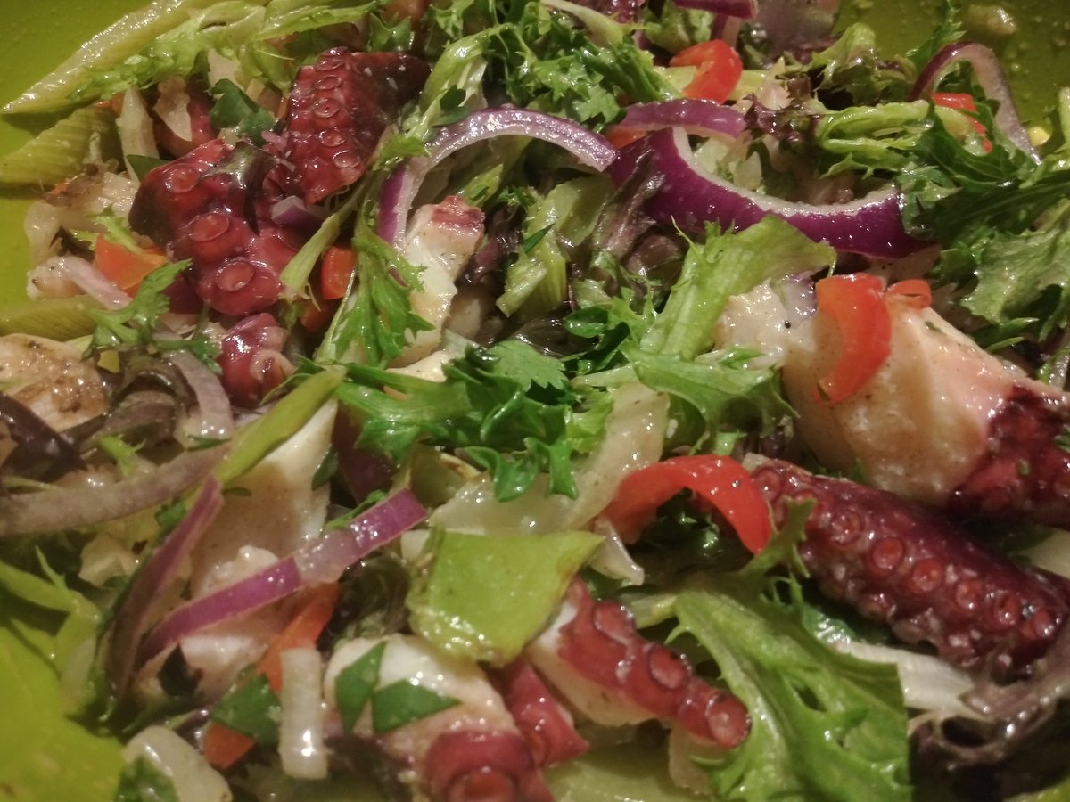 FlyN_Hawaiian14's tweet photo. Thin Sliced Red Onion, Capers, Olive Oil, Fresh Squeezed Lemons, Grilled Red Peppers, Grilled Celery, Grilled Onions, Grilled Octopus, Cilantro, Artisan Lettuce and some Hawaiian Seasoning Salt..👩‍🍳😤 My version of a #OctopusSalad https://t.co/E6UNKso9DZ https://t.co/Y6P0UiJiu2
