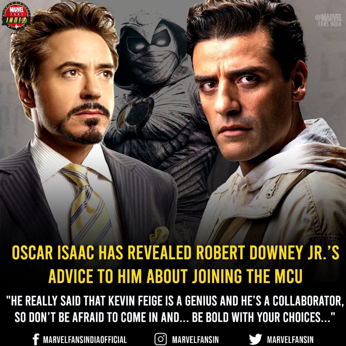 UPDATED007's tweet photo. "I think the thing is he really said that Kevin Feige is a genius and he’s a collaborator, and so don’t be afraid to come in and give your ideas and give your thoughts and to be bold with your choices." - Oscar Isaac #MoonKnight https://t.co/qQOnzIqJeC