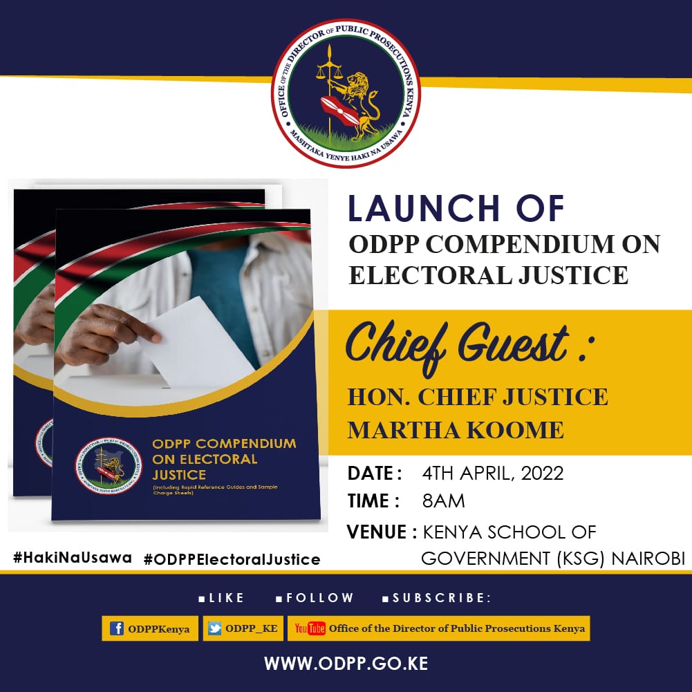 ODPP_KE's tweet image. Today, 4th April, 2022 @KSG Nairobi, the stage is set!

1. Launch of the ODPP Compendium on Electoral Justice! 

2. One week training for over 100 prosecutors &amp;amp; stakeholders on Prosecution of Election Offences &amp;amp; Hate Speech! #HakiNaUsawa #ODPPElectoralJustice