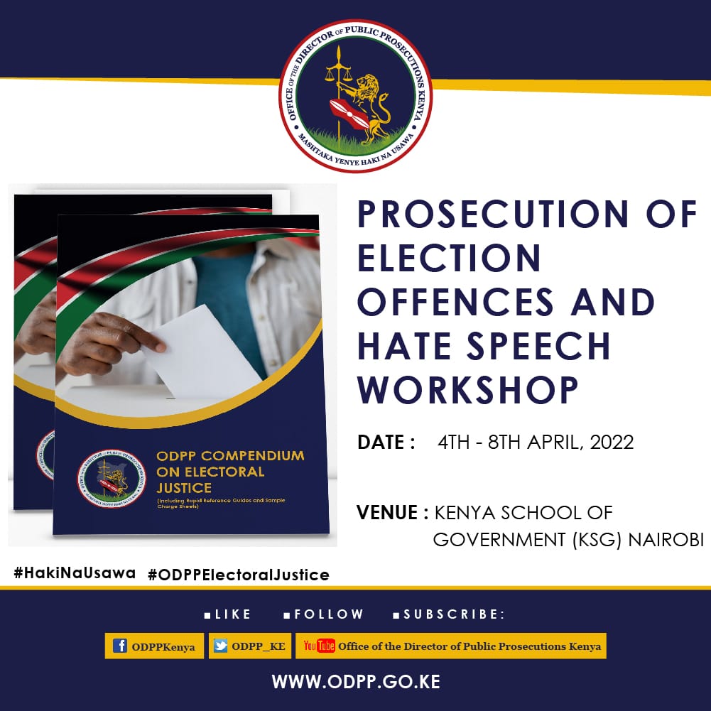 ODPP_KE's tweet image. Today, 4th April, 2022 @KSG Nairobi, the stage is set!

1. Launch of the ODPP Compendium on Electoral Justice! 

2. One week training for over 100 prosecutors &amp;amp; stakeholders on Prosecution of Election Offences &amp;amp; Hate Speech! #HakiNaUsawa #ODPPElectoralJustice