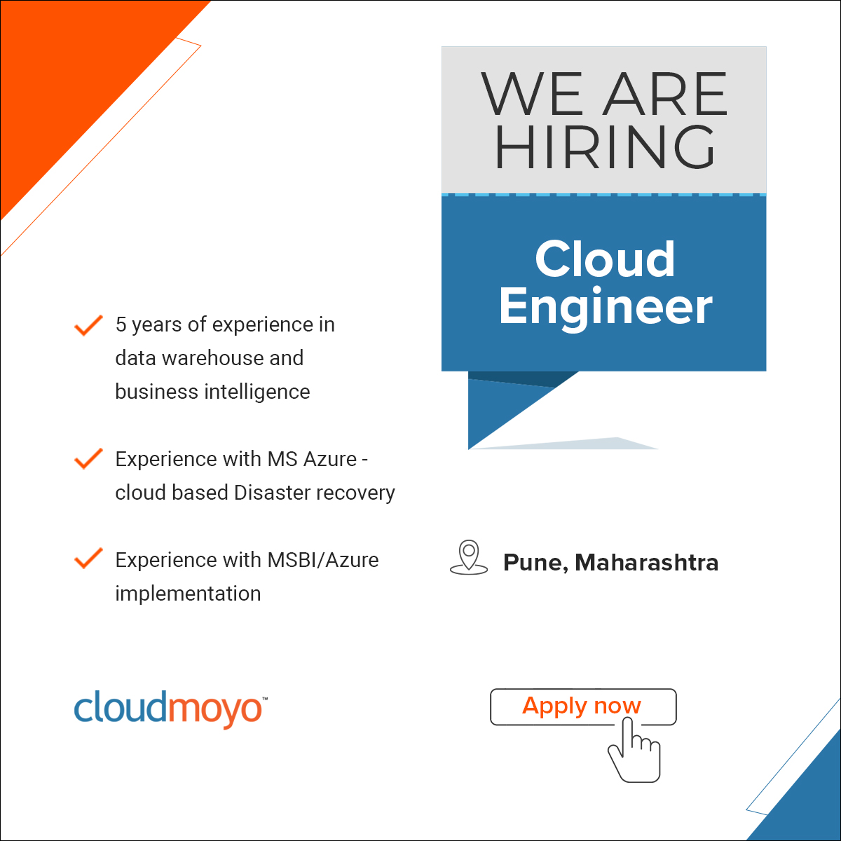 GoCloudMoyo's tweet photo. If you want to pursue your passion, do what you love and have fun doing it, CloudMoyo may be just the place for you!

We’re looking for talented and vision-oriented Cloud Engineers for our Pune office.
https://t.co/hyJPujZakY

#cloudengineer #jobalert #hiring #wearehiring #cloud https://t.co/XDdqkgYVJj