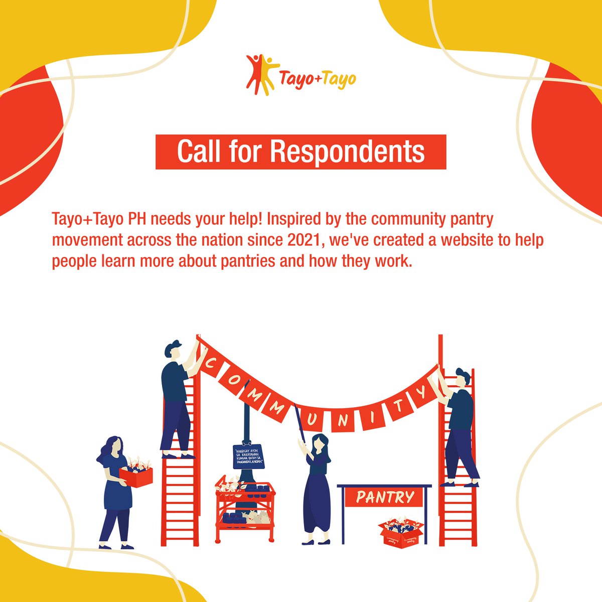 tayotayoph2021's tweet photo. Hi everyone! We are looking for user testers!!
If anyone can spare 5-10 minutes of their time, please answer the user testing form for our thesis' website, and you might even get the chance to win Php 100 via GCash!
#TayoTayoPH #CommunityPantry #MutualAidInAction https://t.co/Lb0Y5iFCLJ