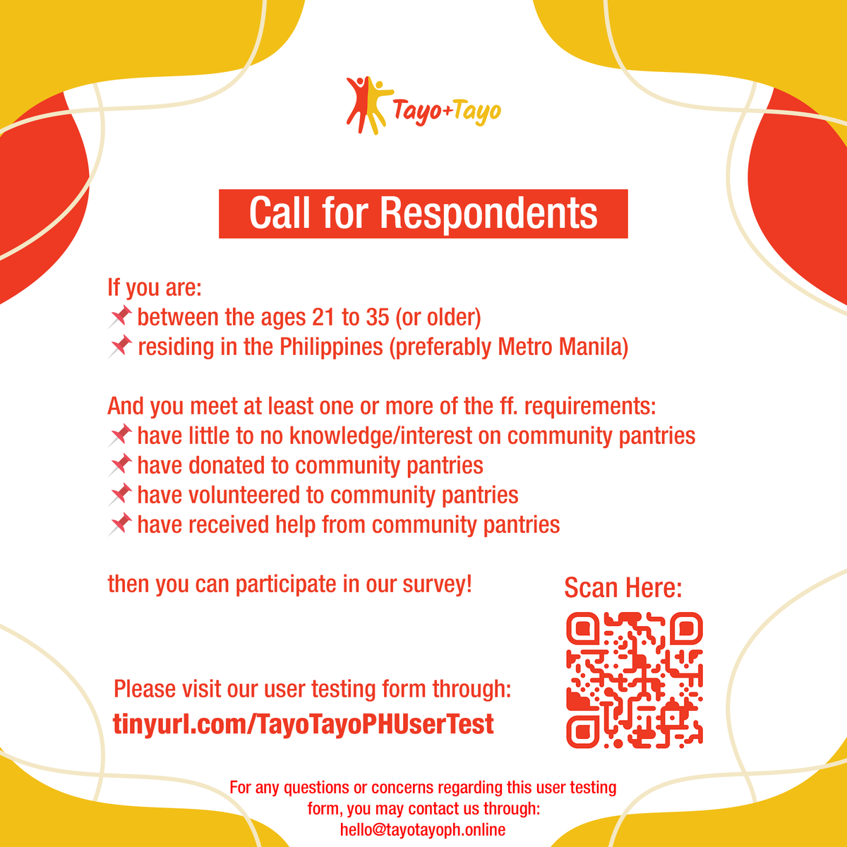 tayotayoph2021's tweet photo. Hi everyone! We are looking for user testers!!
If anyone can spare 5-10 minutes of their time, please answer the user testing form for our thesis' website, and you might even get the chance to win Php 100 via GCash!
#TayoTayoPH #CommunityPantry #MutualAidInAction https://t.co/Lb0Y5iFCLJ