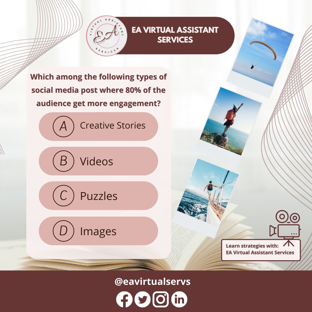 EAVirtualServs's tweet photo. It’s no secret that 𝐯𝐢𝐝𝐞𝐨 𝐜𝐨𝐧𝐭𝐞𝐧𝐭 is more engaging than photos on social media. You’re more likely to pause on a video, simply to see what the video is about!📹 

#eaonlineservices
#socialmediamanagementtips
#socialmediamanagers
#socialmedia https://t.co/Og5GD7Ooli