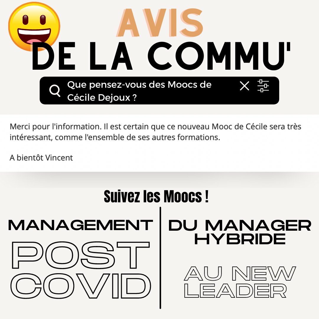 CecileDejoux's tweet photo. 😊Vincent est comme vous, c’est un apprenant curieux, habitué de nos #Moocs, qui s'est inscrit au #Mooc #Management #postcovid. Faites comme lui et rejoignez-vous !
👉https://t.co/uCvtL5RfU1
Et aussi sur celui du #Manager #Hybdride au New #Leader 👉https://t.co/aoxZDmJs7j https://t.co/0ClBVcMRJu