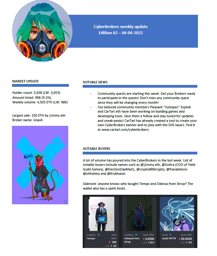 It has been a busy week in The Paradigm Lost. Here's the weekly <a href="/CyberBrokers_/">CyberBrokers</a> one-pager to recap all of it! 

Special shout out to @PleasantExploit and <a href="/cartar_l/">CarTarL | a Leftover</a> for the work they've put in building games and tools for the community. I'm excited for whats coming next!