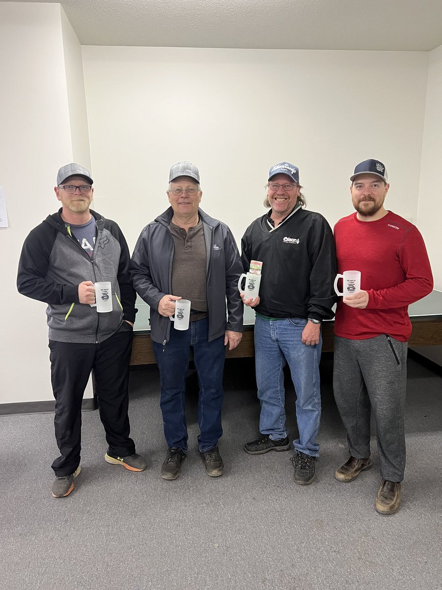 The 2022 Men’s Bonspiel winners.

A Event - Phil Orcheski Team
B Event - Travis Bugge Team
C Event - Ken Parent Team

Thanks Tim’s Auto Service &amp; Towing, Rock Lake Land &amp; Cattle Company and UFA Petroleum, Camrose for the mugs!