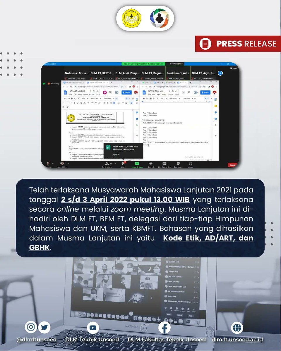 dlmftunsoed's tweet photo. [Press Release Musyawarah Mahasiswa Lanjutan 2021]

Halo Sobat Teknik!

Telah terlaksananya Musyawarah Mahasiswa Lanjutan 2021 yang membahas tentang Kode Etik, AD/ART, dan GBHK.

Terima kasih atas partipasinya

______
DLM FT Unsoed 2022
#ParlemenRasendriya
https://t.co/cNv3zN3wFh https://t.co/6CgrkUrsjE