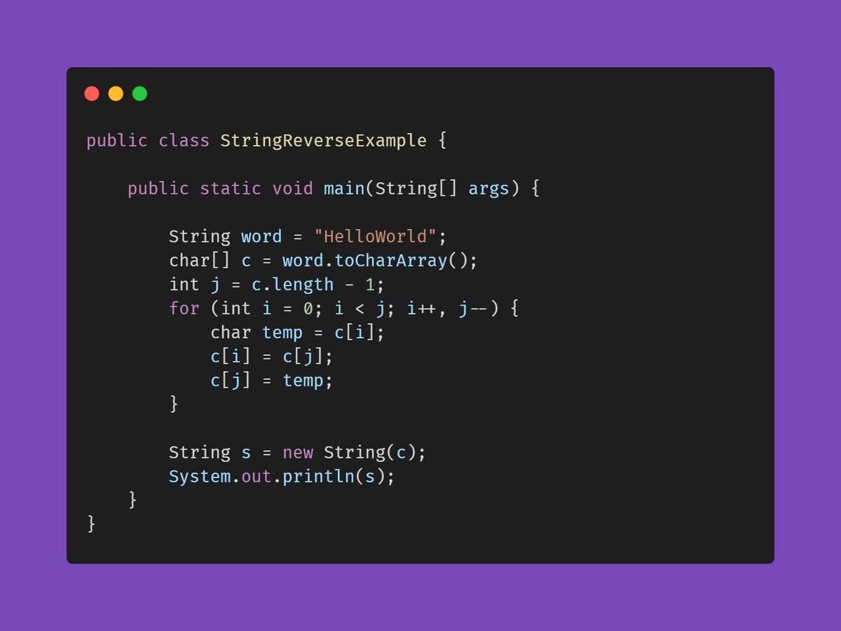 bushan_sirgur's tweet image. #Java #JavaCoding #CodingProblem #Interview #CodingChallenge

Reverse a given String
Input: HelloWorld
Output: dlroWolleH

[1/2]