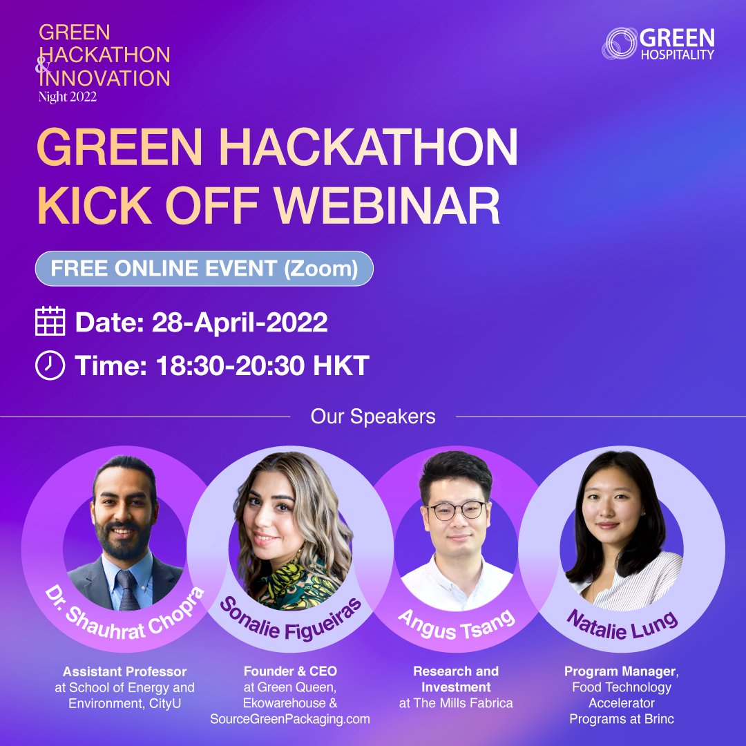 GREEN_Hsptlt's tweet photo. Join #GREENHackathon Kick-off event! Meet probable teammates, understand the challenges & get inspired by our speakers Dr. Shauhrat Chopra, @CityUHongKong, Sonalie Figueiras, @GreenQueenHK, Angus Tsang, @themillsfabrica & Natalie Lung, @brinciot. Sign up - https://t.co/E6GJPyIRnU https://t.co/OinGL7yUYz