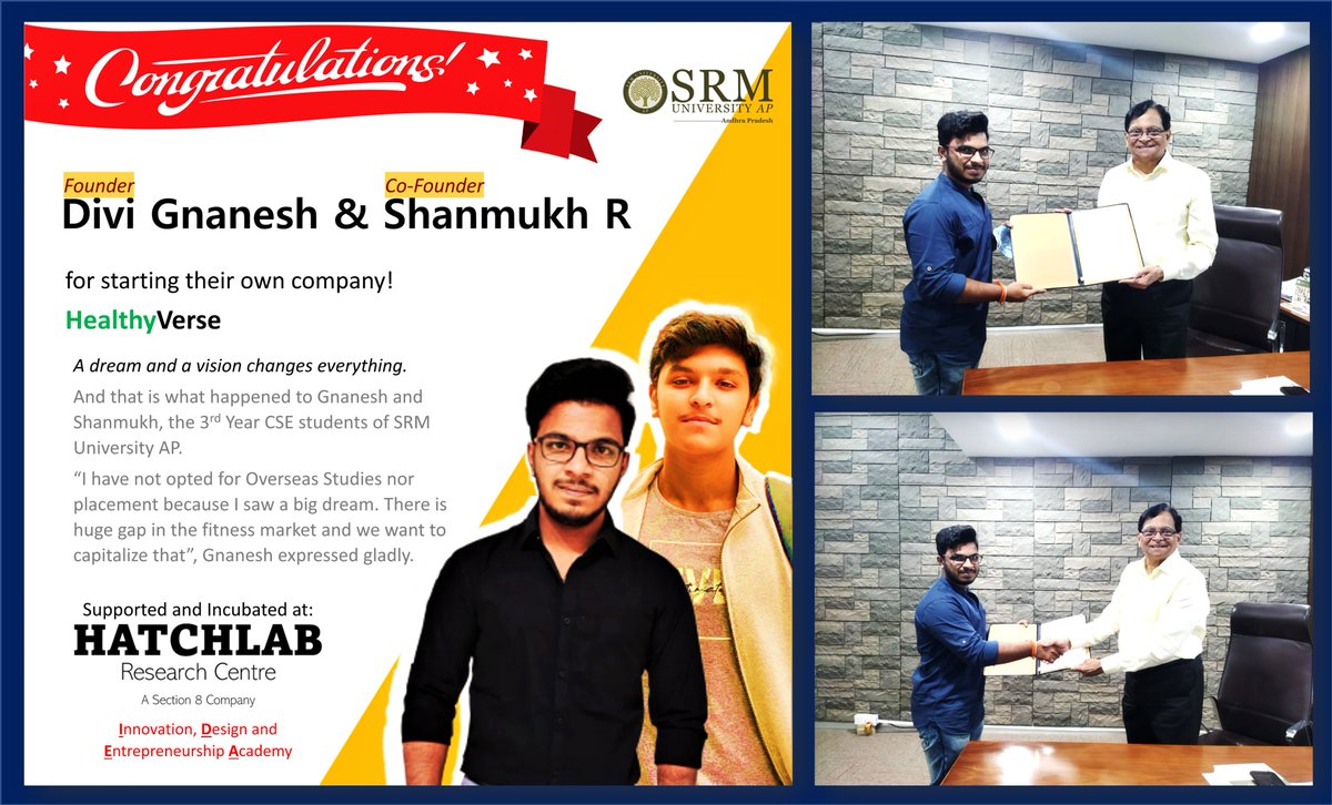 SRMUAP's tweet image. Congratulations to our third year #CSE students Gnanesh and Shanmukh for registering their company through #Hatchlab Research Centre- #SRM AP and launching the app HealthyVerse.
#Startup #Entrepreneur #SRMAP #SRMUAP #Engineering #Innovation