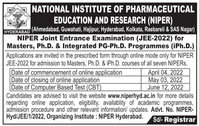 NIPERHyd's tweet photo. #NIPERJEE

#NIPER Joint #EntranceExam JEE 2022 for #Masters, #PhD &amp; Integrated #PGPhd Programmes #iPhD at @NIPERHyd @NIPERAHM @NIPER_SAS_NAGAR @niperhajipur @GuwahatiNiper @NIPER_Kolkata @NIPERRaebareli 

Online Link- https://t.co/BKa4tg2ydl

@Pharmadept @mansukhmandviya https://t.co/BR0h9Ur8bJ