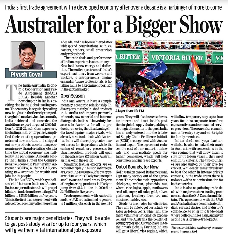 Austrailer for a bigger show.

#IndAusECTA is a harbinger of more to come. 

Read my write-up in <a href="/EconomicTimes/">Economic Times</a> where I explain how India's earnest desire &amp; industry confidence are reflected in the two recently sealed trade deals.