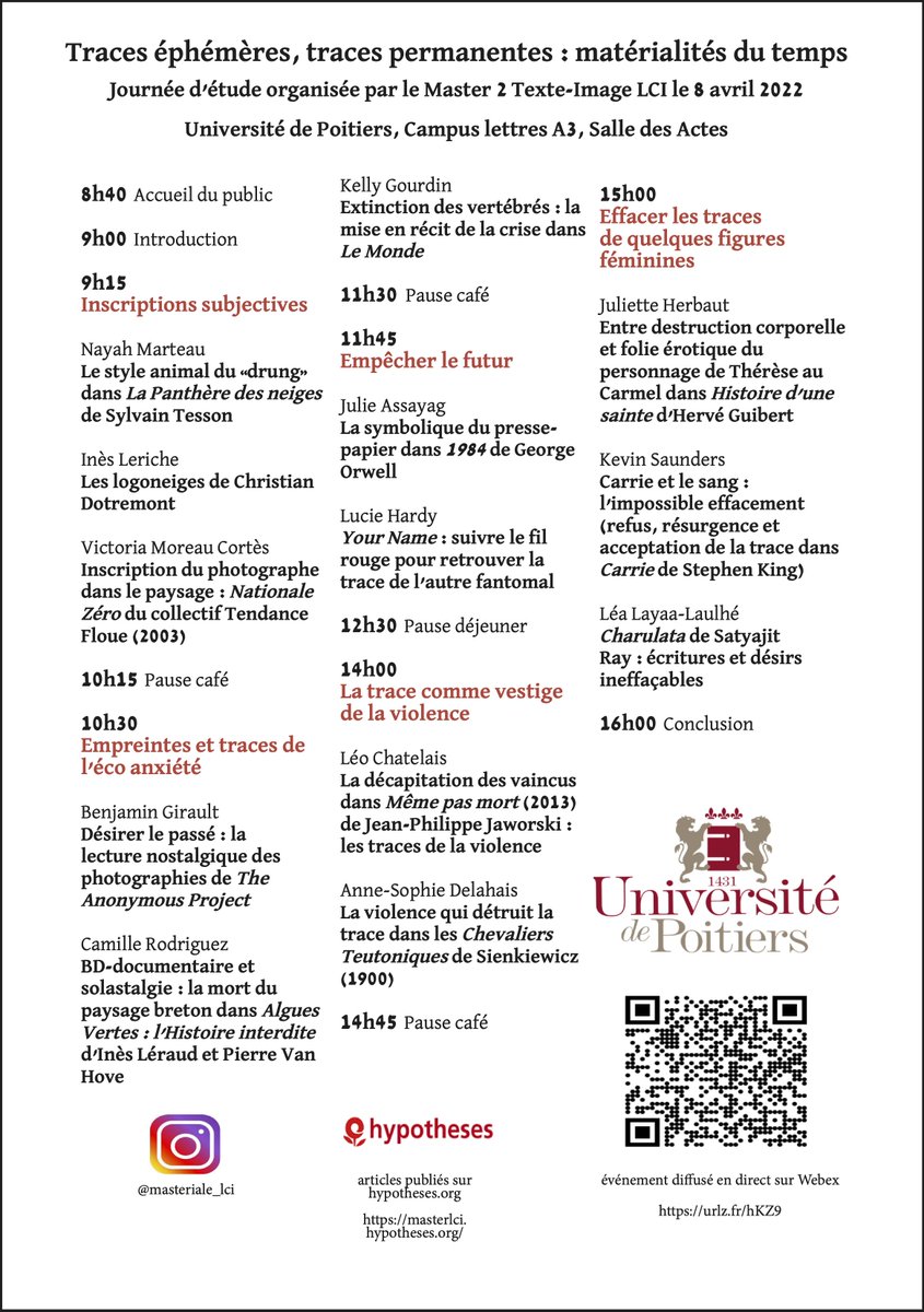 [Journée d'étude]
RDV vendredi 8 avril de 9h à 16h en <a href="/Lettreslangues/">UFR Lettres et Langues - Université de Poitiers</a> , Salle des actes, pour la JE "Traces éphémères, traces permanentes : matérialités du temps" organisée par les étudiant.e.s du Master 2 Littératures et Culture de l'Image.