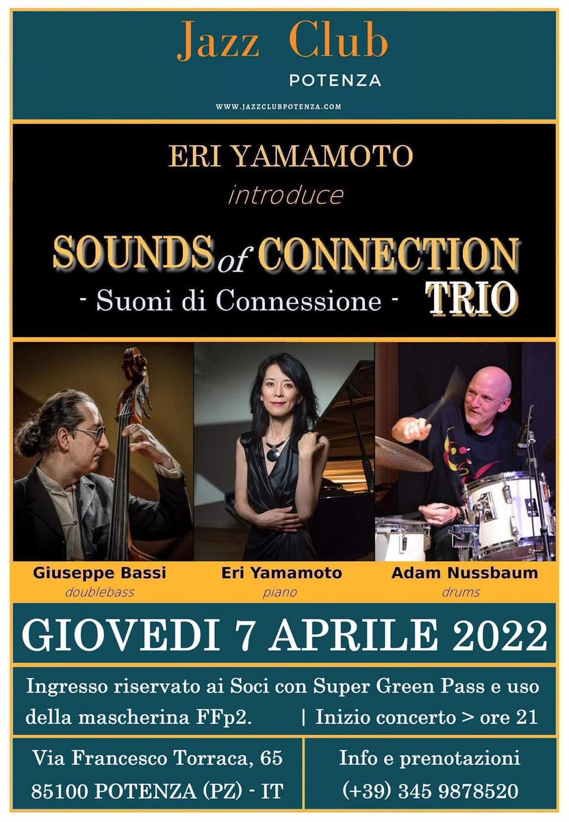 jazz_potenza's tweet photo. #EriYamamoto al #jazzClubPotenza giovedì 7 aprile. Un trio d'eccezione con Giuseppe Bassi double bass e il grande #AdamNussbaum 
#jazzClubPotenza
#rassegnajazz2022
#EriYamamoto
#AdamNussbaum
#GiuseppeBassi
#Potenza https://t.co/8rqeJX2A6T