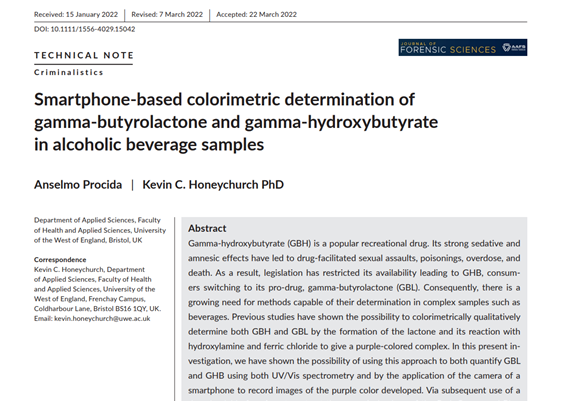 New publication with Forensic Science student; Anselmo Procida at the University of the West of England:  Smartphone-based colorimetric determination of gamma-butyrolactone and gamma-hydroxybutyrate in alcoholic beverage samples.  <a href="/UWEBristol/">UWE Bristol</a> @UWE_DAS_ <a href="/CRIB_UWE/">The Centre for Research in Biosciences</a> <a href="/UWE_Research/">Research from UWE Bristol</a>