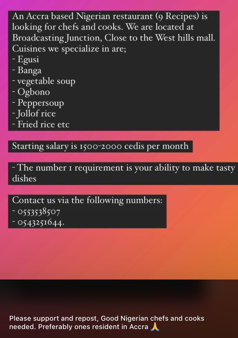 stephyrosswell's tweet photo. Chefs needed. Pls reply within🙏🏽

#chefsneeded #Accra #jobsearch https://t.co/i6SVqzJZru