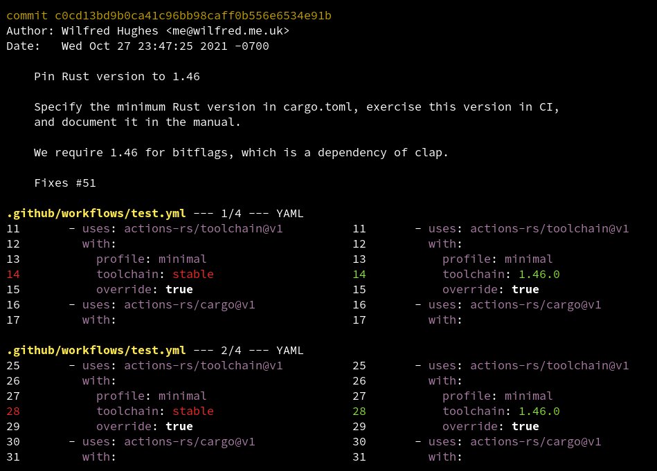 _wilfredh's tweet photo. The next version of difftastic will include YAML support, thanks to a pull request by @alexmanno_dev!

It's a nice feature, and difftastic itself even includes some YAML files. Note also the highlighting: you can distinguish strings from boolean literals here. https://t.co/bn8mp3QPny