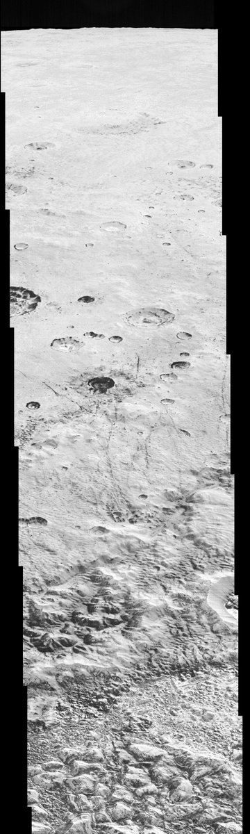 TodLauer's tweet photo. For fun, here's the strip of the highest resolution images of Pluto obtained by New Horizons, the p_mvic_lorri_ca sequence, which comprises 36 LORRI images. I wove these into a long strip, deconvolved the PSF, and took out a gradient.  Here I've sliced it into 6 pieces. https://t.co/h4G7SHea5i