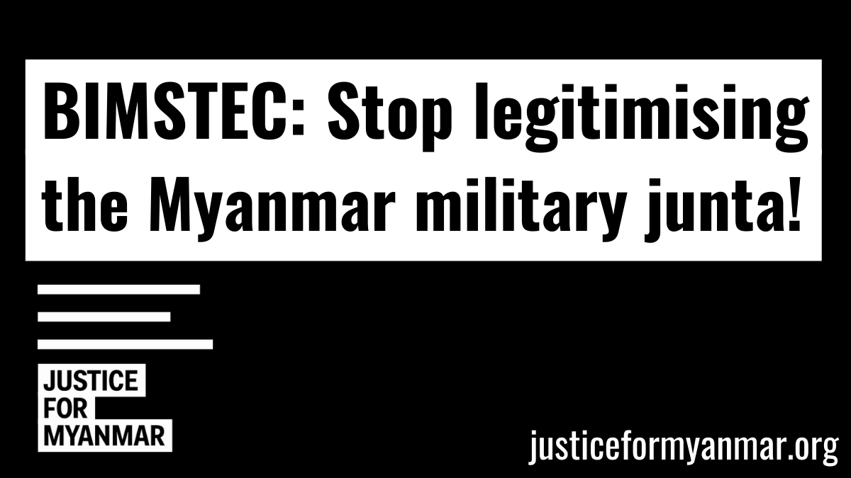 JusticeMyanmar's tweet photo. 5th BIMSTEC Summit strongly condemned by @India4Myanmar. By inviting the #Myanmar junta, BIMSTEC Member States:
👉🏽 legitimise the murderous junta
👉🏽 underwrite military's grave human rights violations
👉🏽 lose credibility

🛑BIMSTEC members: Stop legitimising military junta! https://t.co/Ty9OEWFU7E