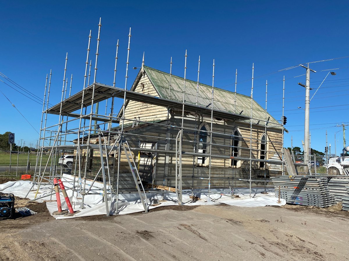 workingheritage's tweet photo. The next phase of the Wollert Church relocation project is underway, thanks to our 'rescue partners' Major Road Projects Victoria and City of Whittlesea.
Restoration scaffolding is in place.
Photo courtesy of MRPV. https://t.co/ABXHGwhzNJ
#workingheritage #mrpv #cityofwhittlesea https://t.co/W2ZFN6hW23