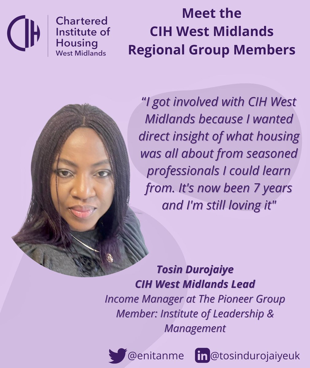 As we turn the spotlight on the CIH West Midlands Regional Group members, please say hello to 👇🏻 Tosin Durojaiye @enitanme is the CIH West Midlands Lead. She is also the Income Manager from @PioneerGroup_