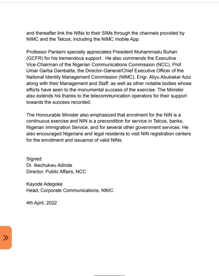 nimc_ng's tweet photo. NIN-SIM Linkage: Federal Government Commends Compliance and Directs Telcos to Bar Outgoing Calls on Unlinked Lines from 4th April, 2022 https://t.co/ptsmYlWb74