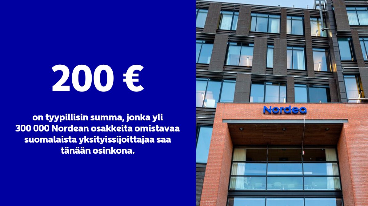 Tänään on Nordean osingonmaksupäivä! 🎉

Yli 300 000 suomalaista omistaa Nordean osakkeita ja yhteensä yksityissijoittajat saavat tänään osinkoa 240 miljoonaa euroa. Lisää tietoa osingonmaksusta löydät verkkosivuiltamme: nordea.com/fi/sijoittajat #sijoittaminen
