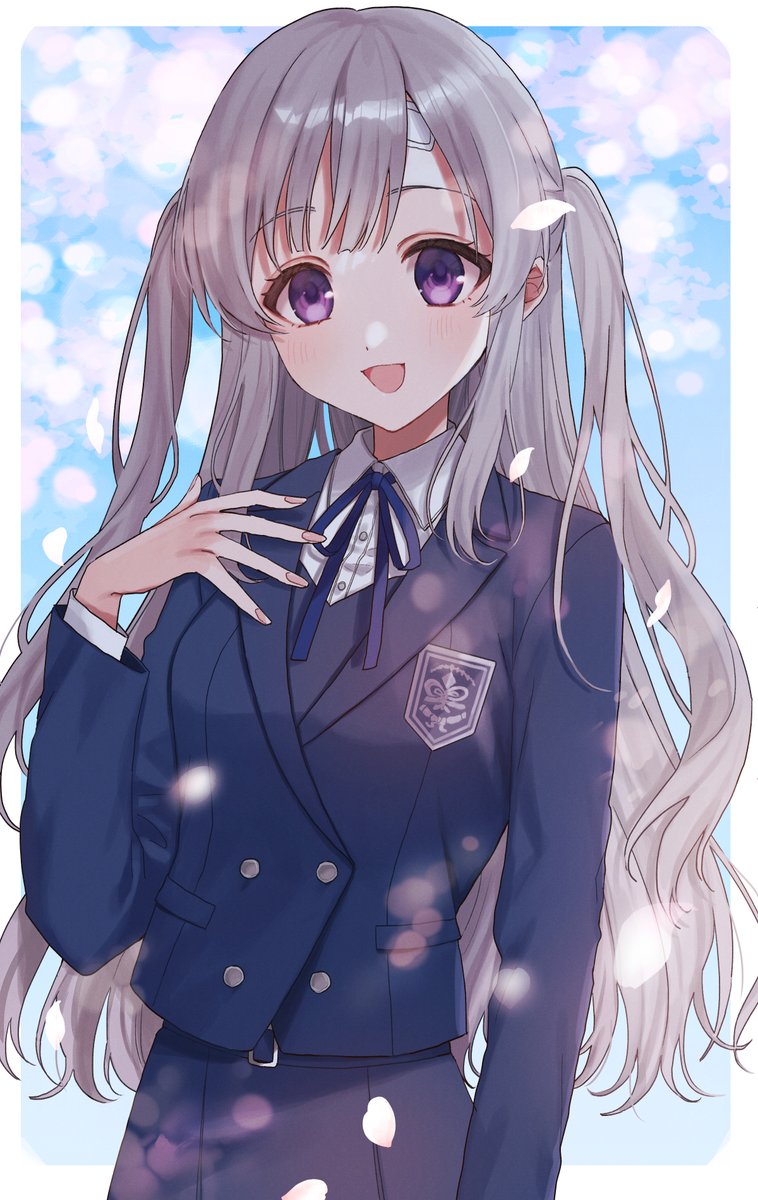 yukoku kiriko 1girl solo purple eyes long hair grey hair jacket school uniform  illustration images
