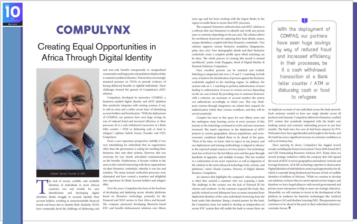 CompulynxLtd's tweet photo. We at @CompulynxLtd are grateful that our impactful work of Create Equal Opportunities in Africa through #digitalidentity is speaking for itself &amp; being recognized by the industry. Thank you @GrcOutlook for ranking #COMPAS among the Top 10 Innovators in Digital ID &amp; KYC Solution https://t.co/jn4UKO8sbz