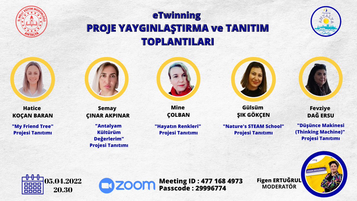 İl Milli Eğitim Müdürlüğümüz koordinesinde yürütülen eTwinning Proje Tanıtım ve Yaygınlaştırma Toplantılarının onuncusu 05.04.2022 Salı günü saat 20.30’da gerçekleştirilecektir. 
<a href="/tcmeb/">Millî Eğitim Bakanlığı</a> 
<a href="/AntalyaValilik/">T.C. Antalya Valiliği</a> 
<a href="/emre_caliskan/">Emre Çalışkan</a>  
<a href="/mkrksakcay/">MEHMET KARAKAŞ</a>