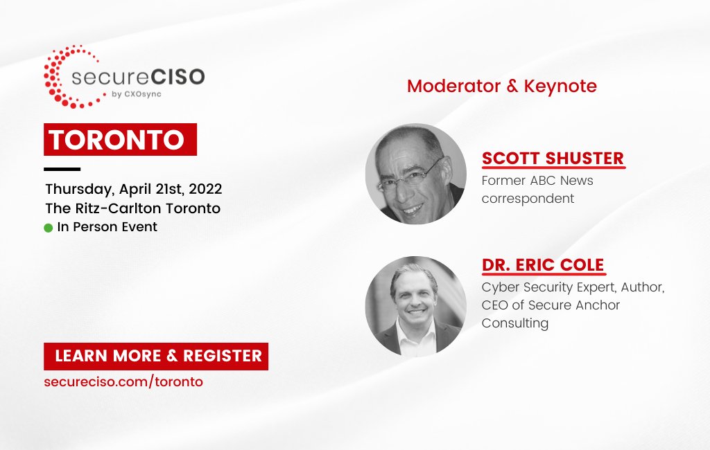 secureCISO's tweet photo. Welcome keynote Dr. Eric Cole, Cybersecurity Consultant, Virtual CISO and moderator Scott Shuster

#CISOtoronto by #secureCISO is happening on April 21st!
Have you registered? Register now: https://t.co/HB67LDT93N

#ciso #infosec #cybersecurity #security #data #toronto #threat https://t.co/76p0i0Z4Ch