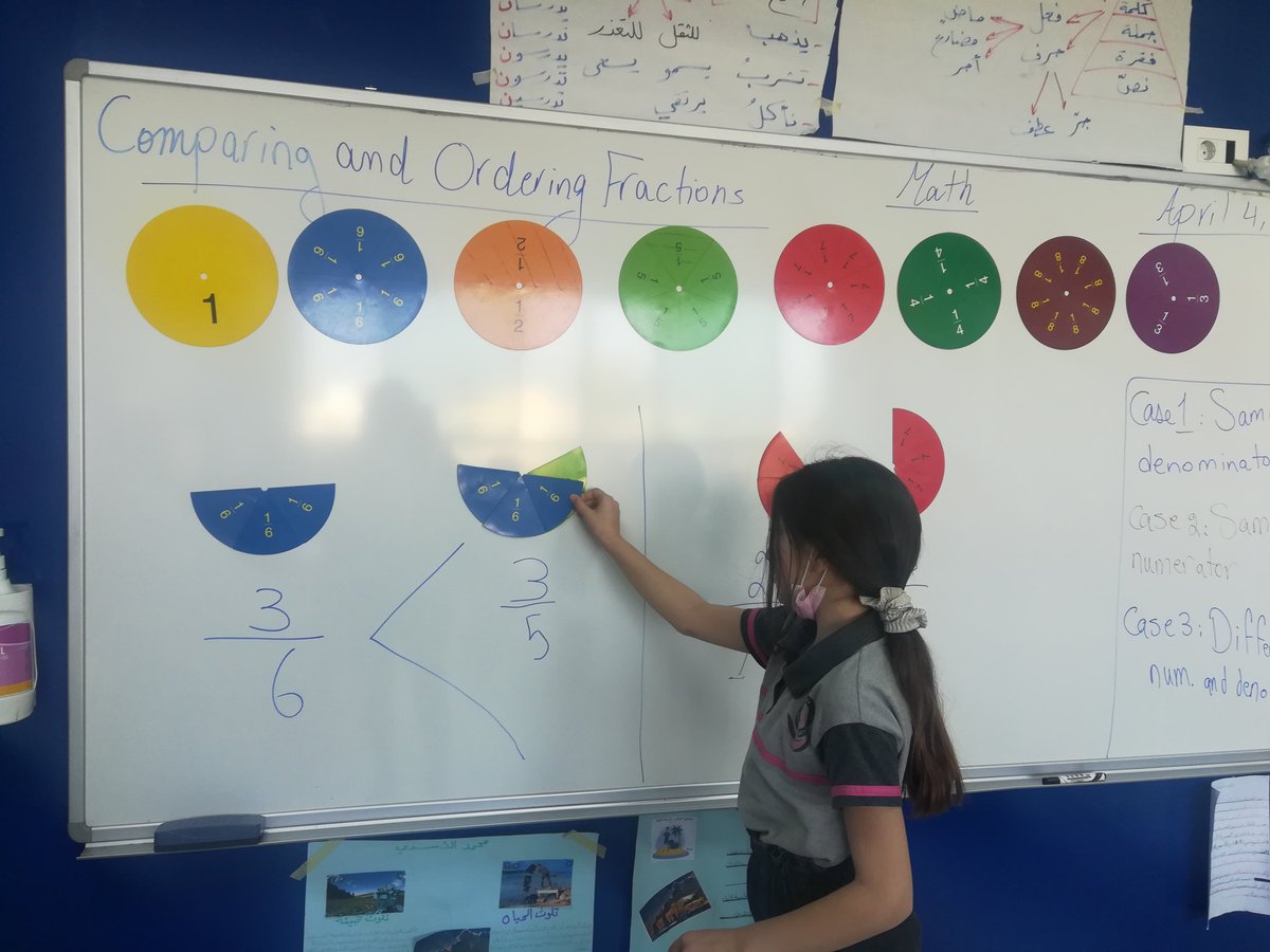 Grade 5 learners discovered the 3 cases of comparing and ordering fractions using the models (magnetic fraction disc). #TeachingAids @MakAishaSchool @FawziehHn