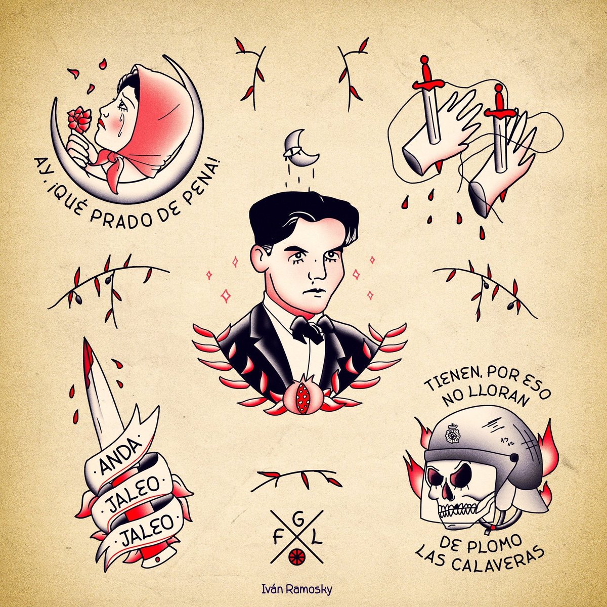 ivanramosky's tweet photo. he estado convirtiendo versos de Lorca en tatuajes clásicos 🌹✨ https://t.co/SzOhOyhOUz