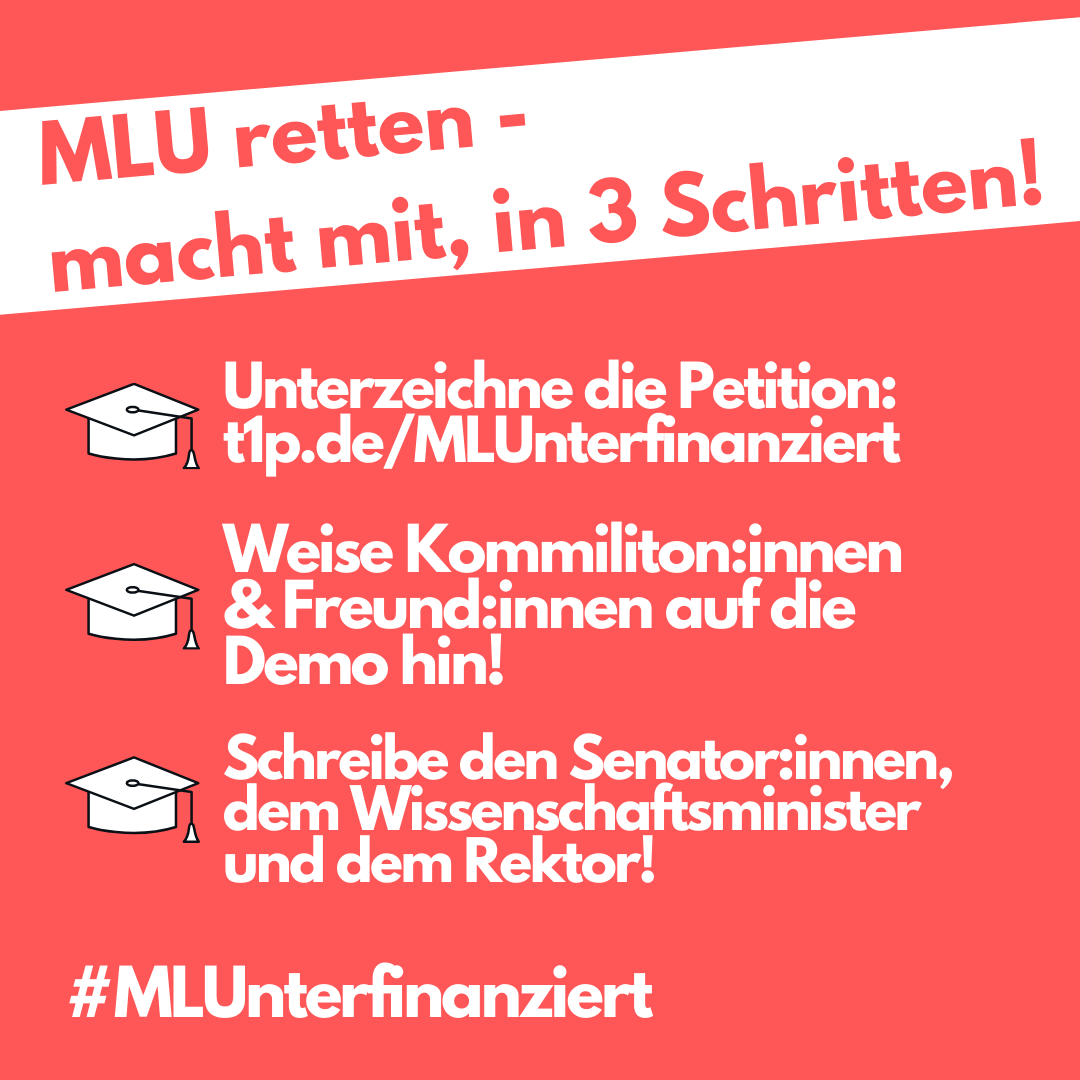 MLUnterfinanz's tweet photo. MLU retten - mach mit, in 3 Schritten!
1.) Unterzeichne die Petition &amp; schicke sie weiter: https://t.co/it441vtqQL 
2.) Komm am Mittwoch um 12h zur Demo (Uniplatz)
3.) Zeige den Verantwortlichen, dass du für Wissenschaft einstehst. @UniHalle @MWU_LSA @cdulsa @SPD_LSA @FDP_LSA https://t.co/WPhR4Tt5iD