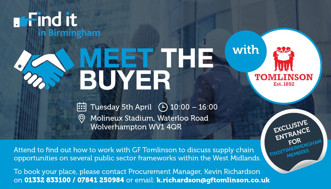 Constructing West Midlands (@cwmframework) on Twitter photo CWM contractor <a href="/GFTomlinson/">G F Tomlinson</a> is hosting a Meet The Buyer event tomorrow at Molineux Stadium, Wolverhampton. To register your attendance please see contact details below.
#construction #westmidlands #meetthebuyer #builtenvironment #event CWM contractor <a href="/GFTomlinson/">G F Tomlinson</a> is hosting a Meet The Buyer event tomorrow at Molineux Stadium, Wolverhampton. To register your attendance please see contact details below.
#construction #westmidlands #meetthebuyer #builtenvironment #event
